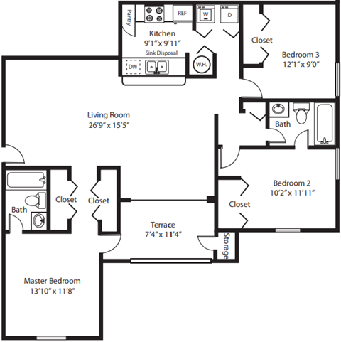 Floor plan for 3 beds, 2 baths, 1425 sqft
